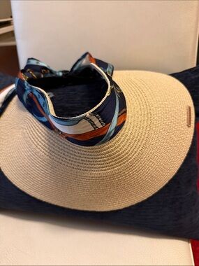Catherine Malandrino Natural Straw Sun Visor with Navy Accent